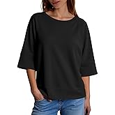Fisoew Womens 3/4 Length Sleeve Tops Oversized Crewneck Sweatshirt Loose Fit Shirts Summer Casual Basic Boxy Tee