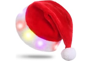 VADOO Santa Hat, Christmas Hat with LED Lights Plush Santa Claus Hat for Adult Kid XMAS Hat for Christmas New Year Party