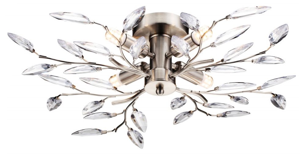 Modern Birch 4 Light Semi Flush Satin Chrome Ceiling Light with Clear Leaves by Happy Homewares
