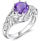 QKABTI Round Cut Amethyst Engagement Ring for Women 925 Sterling Silver Unique 8MM Amethyst Flower Rings Cocktail Party Birthday Gifts Size 4-11
