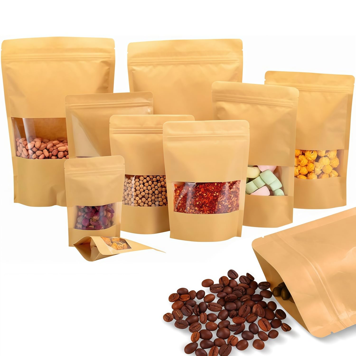 Wonninek 100 Kraft Paper Bags with Window – 17x24cm Brown Resealable Food Pouches | Heat-Sealable & Stand-Up Design for Coffee Beans, Nuts, Tea, Spices | Eco-Friendly Bakery & Snack Packaging