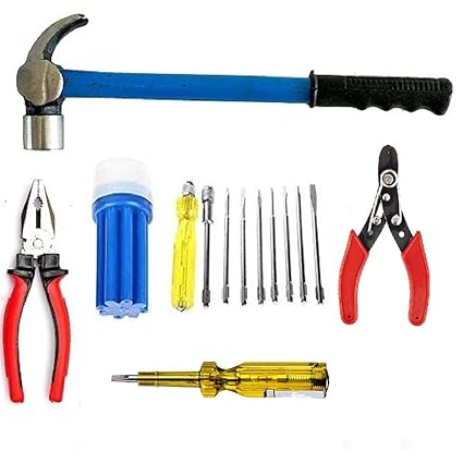 Paradise Tools India Hand Tool Kit 12 Pieces (Combination Side Cutting Plier 8-inch, Claw Hammer 1/2 lb, 8 Pieces Screw Driver Kit, Wire Stripper, Tester with Neon Bulb)