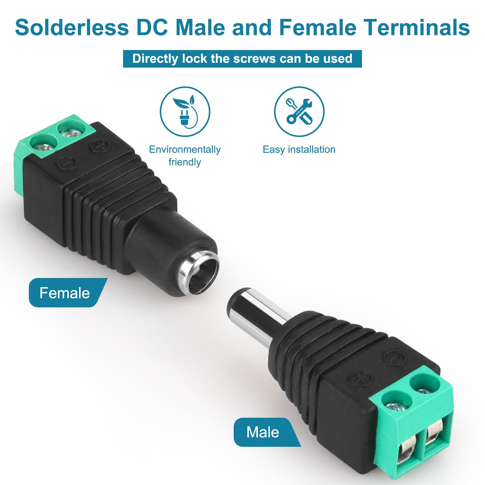 12V DC Adapter Plug 5.5mm x 2.1mm, 10 Pair (10 x Male + 10 x Female) DC Power Connector for LED Strip CCTV Security Camera Cable End Plugs (Male & Female)