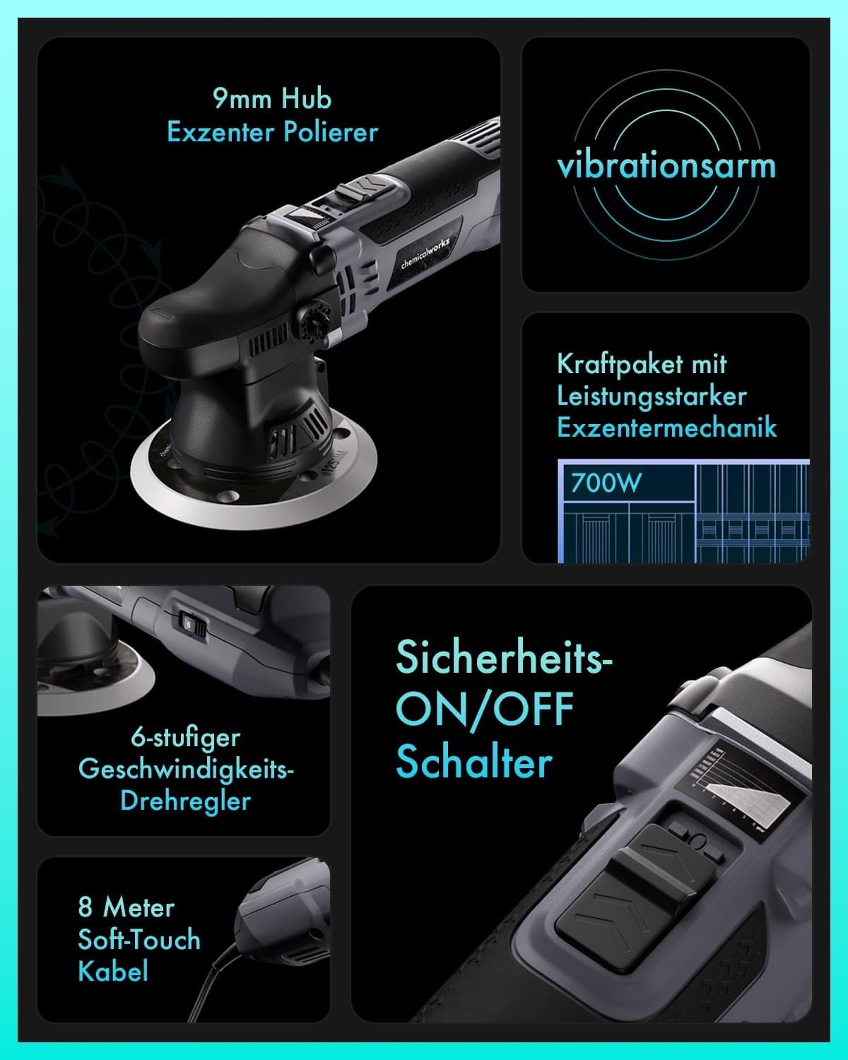 Poliermaschinen Set: chemicalworkz DA9 Exzenter Poliermaschine + Sonax Politur Set + Royal Pads Premium Polierpads + Dr. Wack Versiegelung für Lack + Zubehör | 20-teilig 2