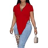 Wcuvbv Women Collar V Neck Button Down Slit Hem Short Sleeve Blouse Long Shirts Top