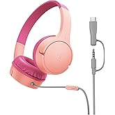 Belkin SoundForm Mini Kids Wired Headphones w/USB C to 3.5mm Dongle, Built-in Mic & Fun Stickers, 85dB Max Volume – for Online Learning, Travel, Compatible w/iPhone 16, iPad, Galaxy S25, etc - Pink