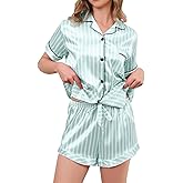 Brezzistaxs Satin Pajama Set Striped Silk PJ Set Drawstring Ruffled Satin Shorts - 2 Piece Silky Pajamas