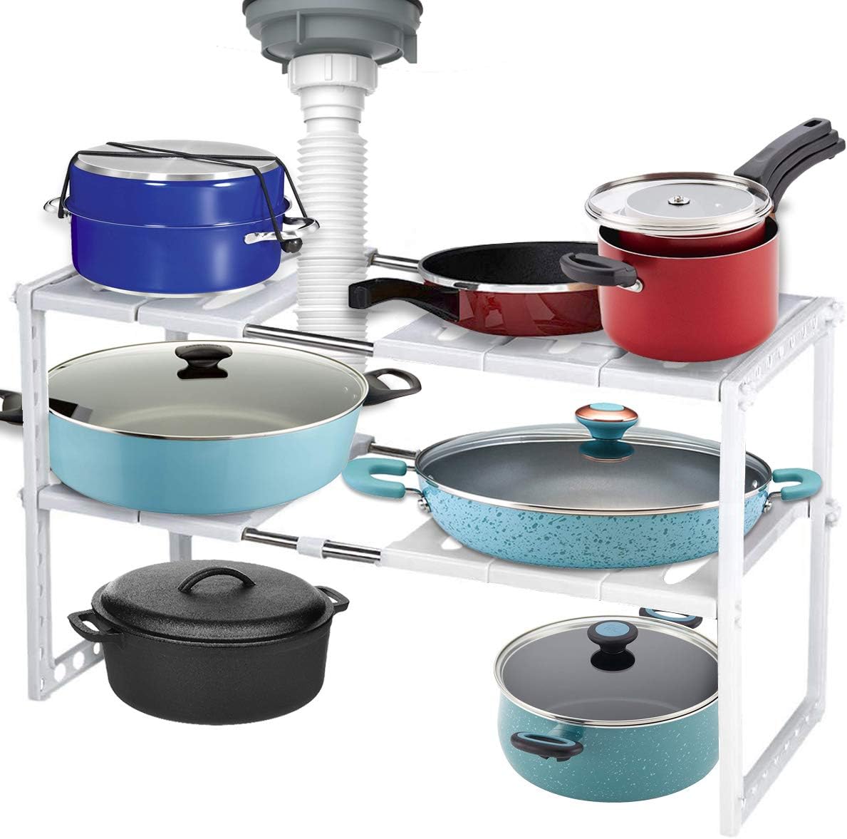 Under Sink Organizer Rack, TGetWorth 2 Tier Expandable Shelf Organizer with Adjustable Heigth, Removable Shelves and Steel Pipes, Multifunctional Storage Rack for Kitchen, Bathroom and Garden