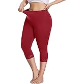 Women's Plus Size Lace Trim Capri Leggings Stretch Crop Leggings Soft Workout Yoga Tights Pants