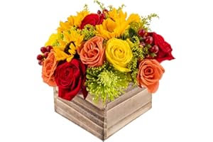 Warm Glow in Wooden Vase | Yellow, Orange and Red Fresh Flower Foam Arrangement | Arabella Bouquets | Flowers for Delivery, THanksgiving, Birthday, Congratulations