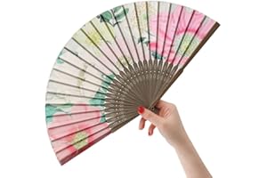 HeyToo Women Pretty Hand Fan Bamboo Printed Pattern Folding Fan Wedding Party Themed Anniversary Accessory Big Flower