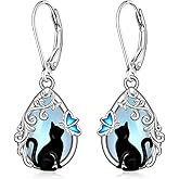 Cat Earrings Moonstone Black Cat Earrings for Women Sterling Silver Filigree Butterfly Dangle Drop Jewelry Leverback Halloween Christmas Gifts