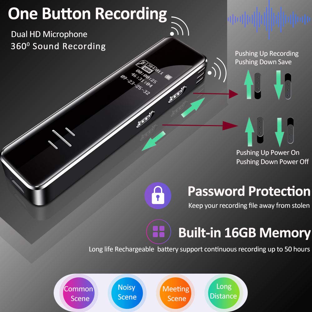 Digital Voice Recorder, 16GB Voice Activated Recorder with Playback, HD Sound Audio Tape Recorder Dictaphone Recording Device, Mini MP3 Player for Lectures, Meetings, Class, Interviews