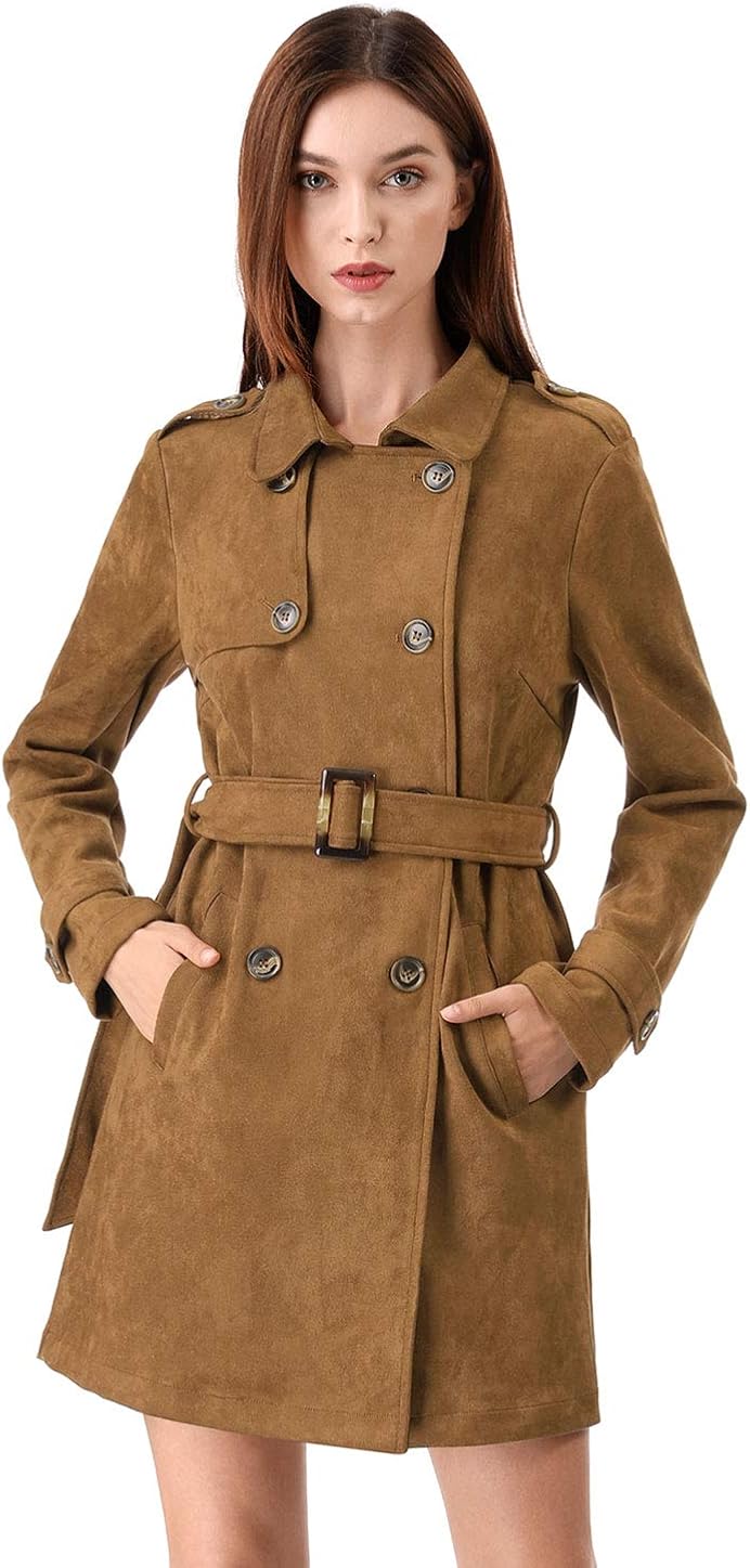 Allegra K Women's Notched Lapel Double Breasted Faux Suede Trench Coat Jacket with Belt: Clothing