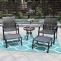 PHI VILLA Outdoor Patio Strap Strapping Chairs and Ottoman with Glass Top Side Coffee Table Set of 5