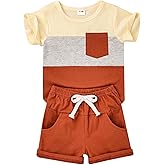 KAFIREN Baby Boy Clothes Toddler Boy Summer Outfits Short Sleeve Patchwork Top T-shirt & Pocket Pant Set 2 Piece 12 Months-4T