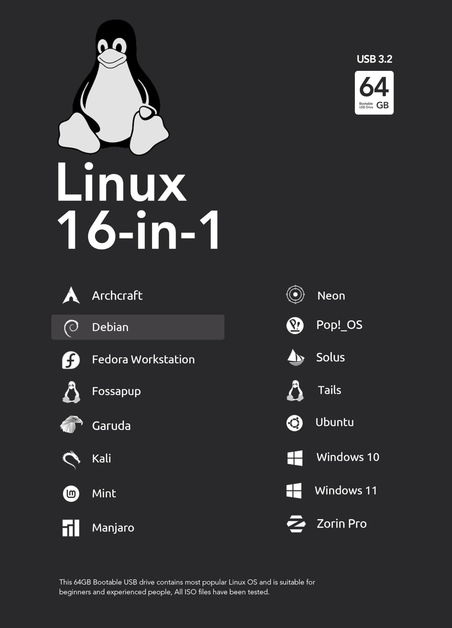 64GB - 16-IN-1, Bootable USB Drive 3.0 for Linux & Windows 11/10 | Mint | Kali | Ubuntu | Tails | Debian, Supported UEFI and Legacy