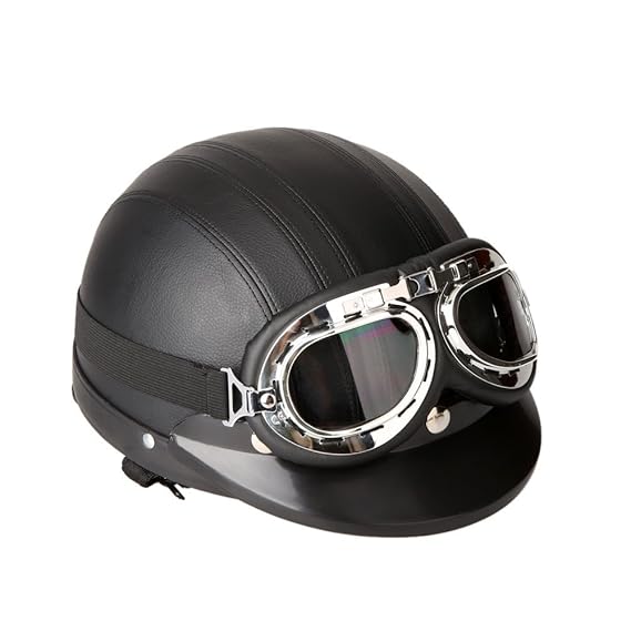 KKmoon Motorrad Roller Open Face Halbes Leder-Helm mit Visier UVschutzbrille Retro Vintage Style 54-60cm