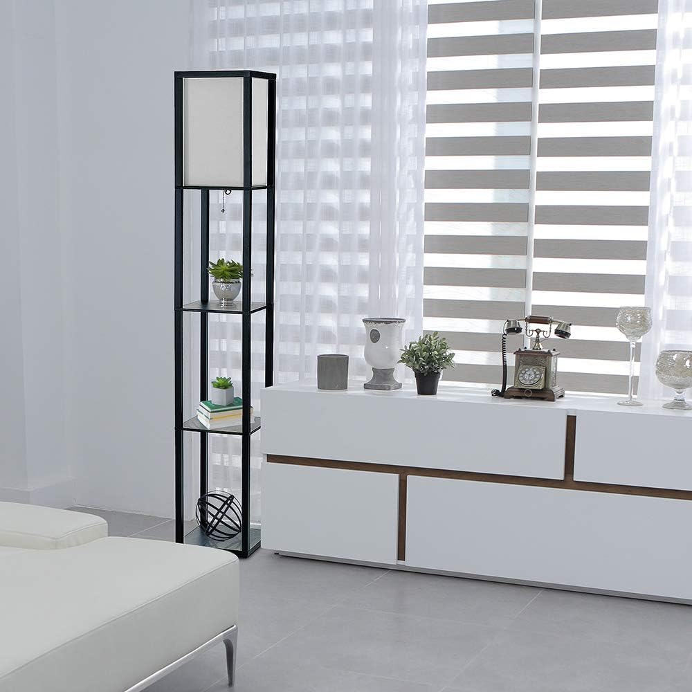 Simple Designs Home LF1014-BLK Etagere Organizer Storage Shelf Linen Shade Floor Lamp, Black - - 