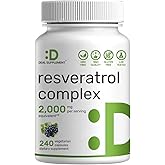 Resveratrol Complex 2,000mg, 240 Veggie Capsules – Extra Strength Trans-Resveratrol with NAD, Quercetin, Curcumin, Grape Seed & More – Healthy Aging Antioxidant for Energy & Brain Support