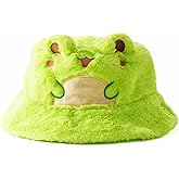 Elallin Bucket Hat Cute Frog Fluffy Animal Embroidered Warm Fisherman Sun Hat Cap for Party Costume Women Men Gifts