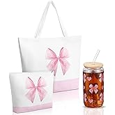 Reginary 3 Pcs Dog Mom Gifts for Women Pink Bow Canvas Tote Bags Set Christmas Birthday Gifts Large Tote Bag Makeup and 16 oz Water Glasses with Lid Straw Cute for Friend(Pink Bow)