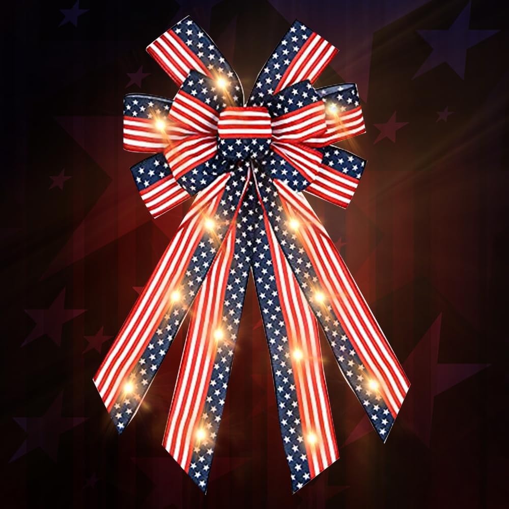 Bows & Ribbons - Hying LED Veterans Day Bows for Wreath, Patriotic LED Wreath Bows Red Blue Burlap Bows American Flags Bow with LED Lights Stars and Stripes Farmhouse Craft Bows for Front Door Labor Day Decorations