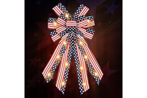Hying LED 4th of July Bows for Wreath, Patriotic Wreath Bows Red Blue Burlap Ribbon American Flag Bow with LED Lights Stars and Stripes Farmhouse Bows for Front Door Memorial Day Decorations