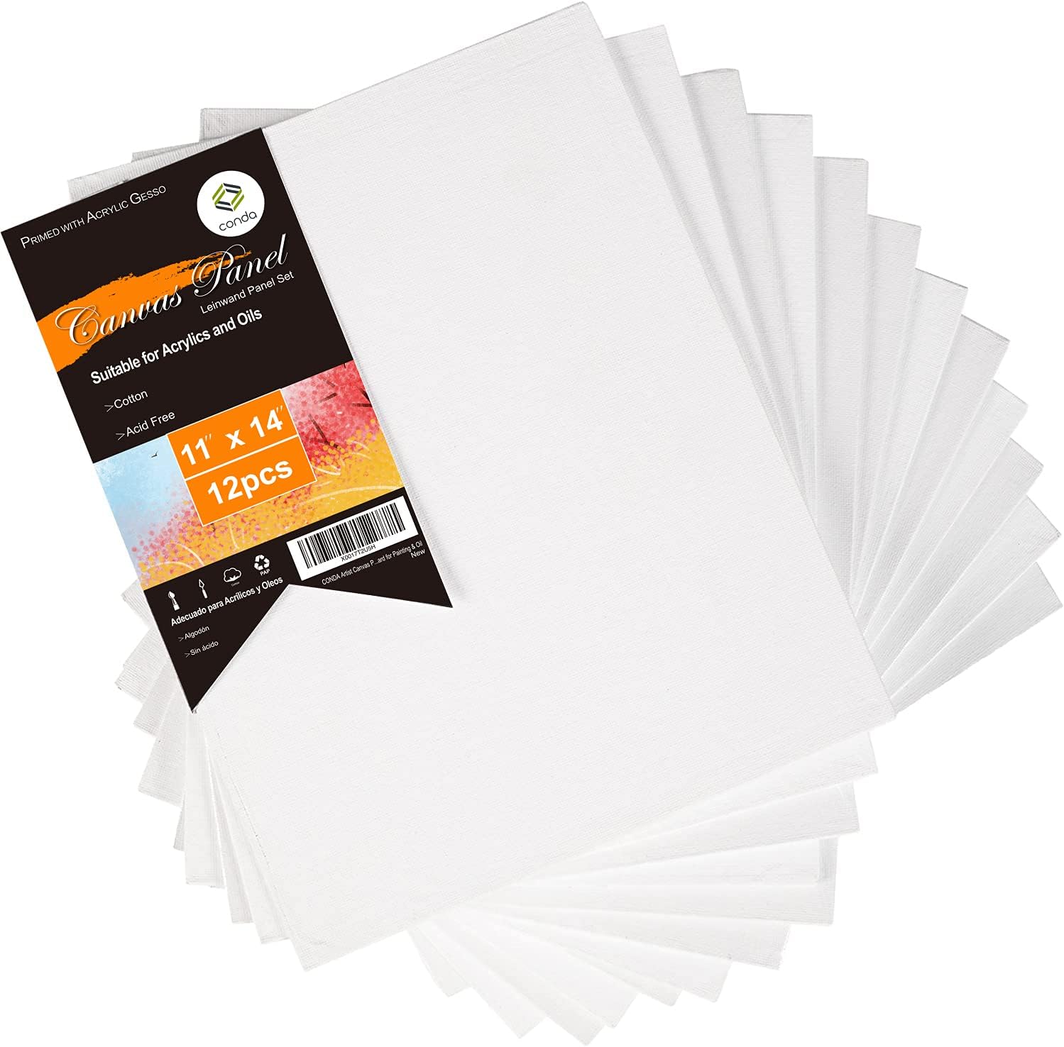 CONDA Artist Canvas Panels 11 x 14 inch, 12 Pack, Primed, 100% Cotton, Artist Quality Acid Free Canvas Board for Painting & Oil
