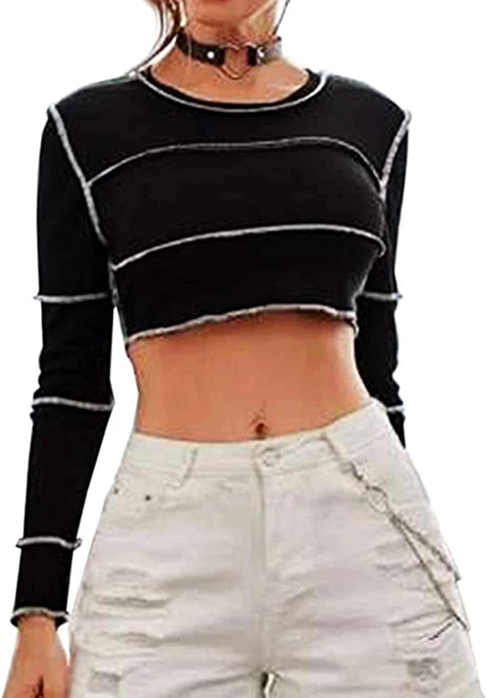 Fashion Womens Crop Top Y2k Flared Long Sleeve Patchwork Cropped Shirt