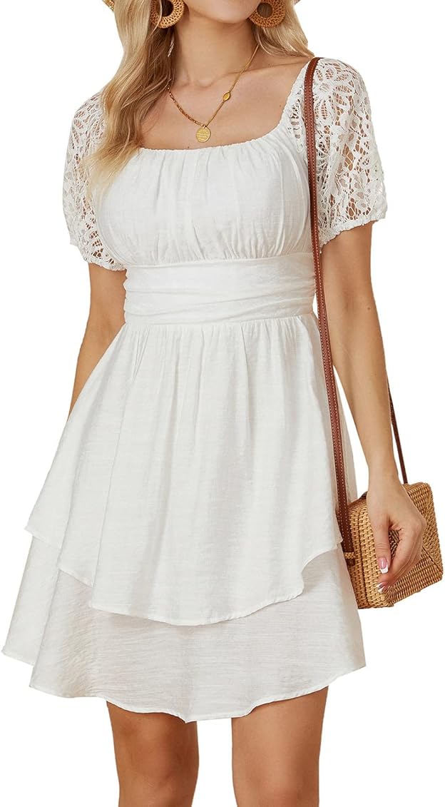 GRACE KARIN Women's Summer Dresses Square Neck Tie Back Lace Short