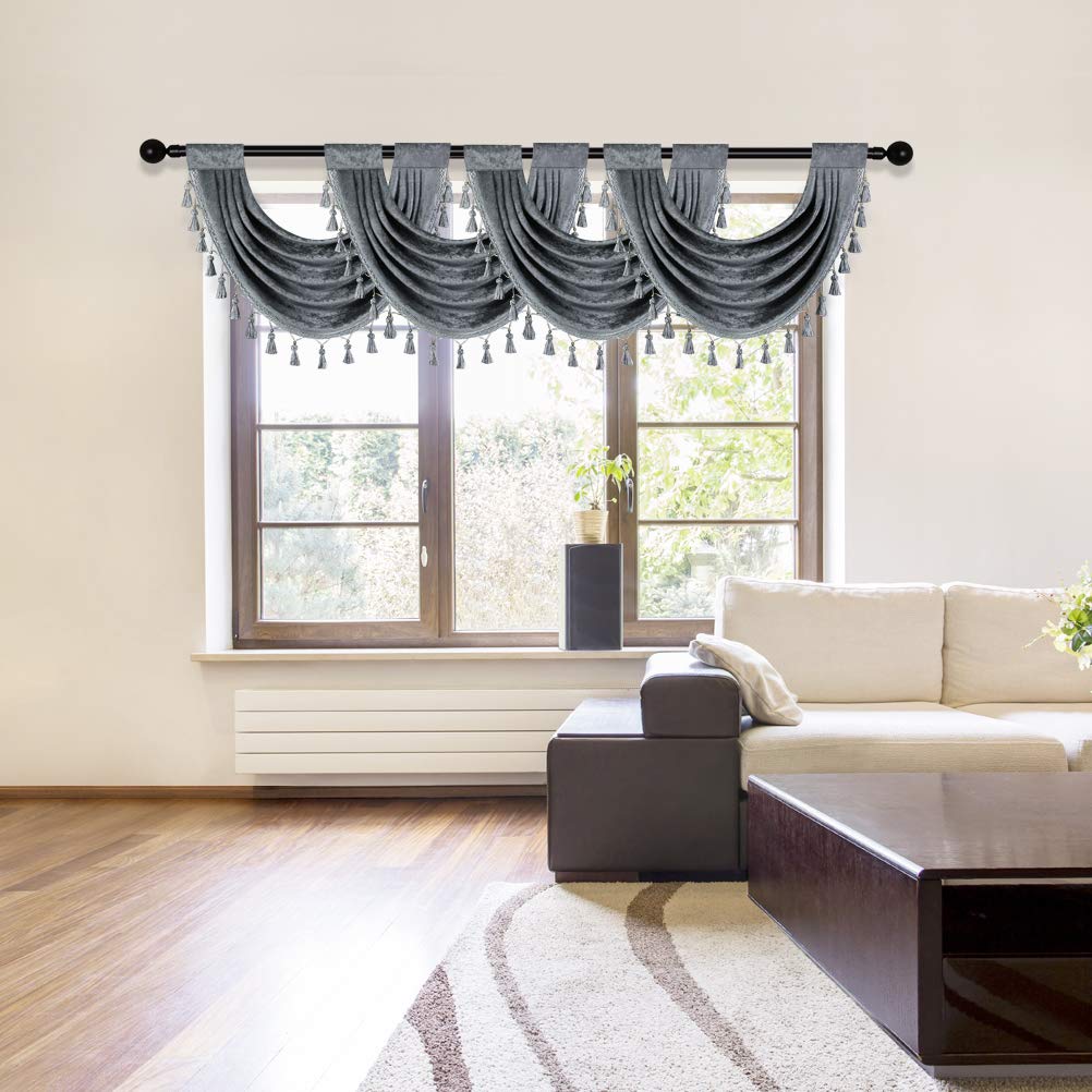 Photo 1 of ELKCA Thick Chenille Waterfall Valances for Living Room Grey Valance Curtains for Kitchen,Pack of 4 (Grey, 30" W x 22" L)