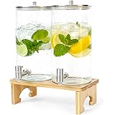 2 Pack 1.5 Gallon Drink dispenser with Stand,Glass Beverage Dispenser With Wood Stand, 18/8 Stainless Steel Spigot and Labels Large Water Drink Dispensers for Parties, Lemonade,Juice, Tea