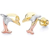 14k REAL Tri Color Gold Dolphin Stud Earrings with Screw Back