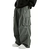 WZIKAI Men's Baggy Cargo Pants Elastic Drawstring Parachute Cargo Pants Casual Loose Fit Joggers Hiking Pants with Pockets