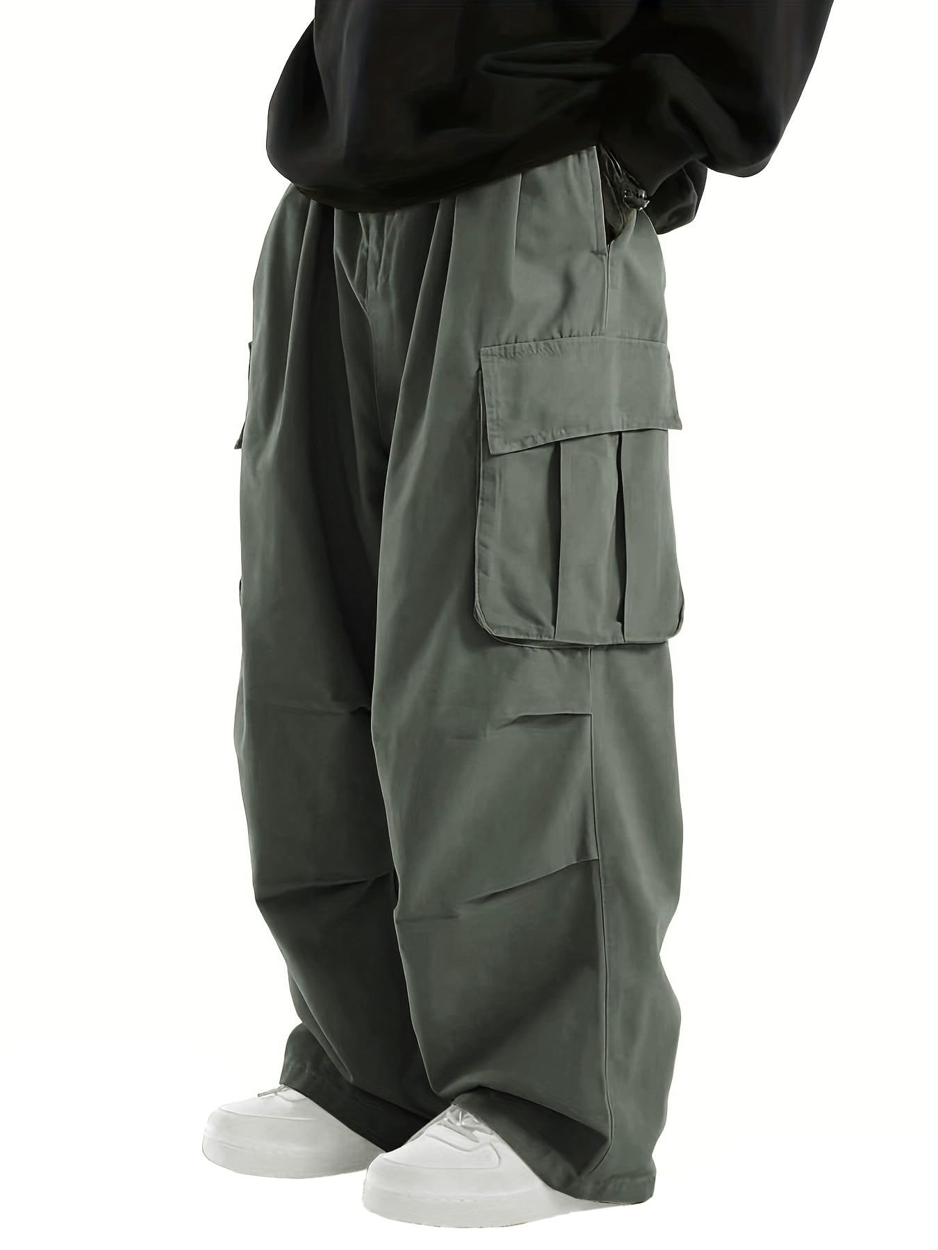Photo 1 of WZIKAI Men's Baggy Cargo Pants Elastic Waist Drawstring Parachute Cargo Pants Casual Loose Fit Joggers Hiking Hip Hop Pants with Pockets Green L