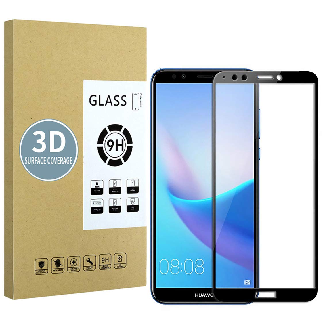 E-Hamii Tempered Glass Compatible with Huawei Y9 2018(Black),9H Screen Protector Film[Scratch Resistant,High Definition,Bubble Free] 2.5D Double Defense For Huawei Y9 2018(Black)