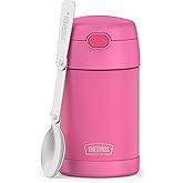 THERMOS FUNTAINER 16 Ounce Stainless Steel Vacuum Insulated Food Jar with Folding Spoon, Neon Pink