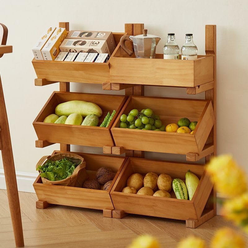 Fruit Basket for Kitchen, 3 Tier Fruit Basket, Bamboo Fruit Basket, Produce Storage, Fruit Holder, Fruit and Vegetable Storage for Potato, Onion, Bread and Snack.（Cherry color）
