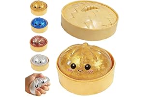 Glitter Dumpling Squishy 4 Pack, 2026 New Bun Squeeze Stress Relief Ball with Steamer Box for Stress Relief (1Pack-Yellow)