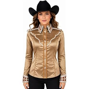 GALAXY LEATHERS EQUESTRIAN Women's Champagne Gold Showmanship Shirt Crystal Rhinestone Western Horse Show Shirt