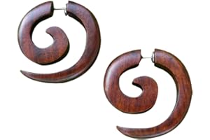 UMBRELLALABORATORY Tribal Organic Wooden Earrings - Fake Gauge Hippie Natural Black Brown Wood Faux Plugs Tapers - Emo Goth Punk Spiral Gothic 316L Surgical Steel Hypoallergenic