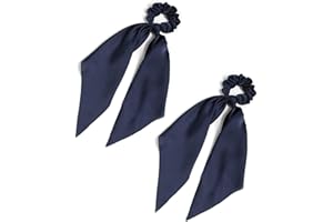 LFOUVRE Pack of 2 Knotted Bow Hair Scrunchies Elastic Hair Scarf Black Hair Ties Bands Satin Hair Ribbon Scrunchy Red Ponytail Holder for Women and Girls (Navy blue)