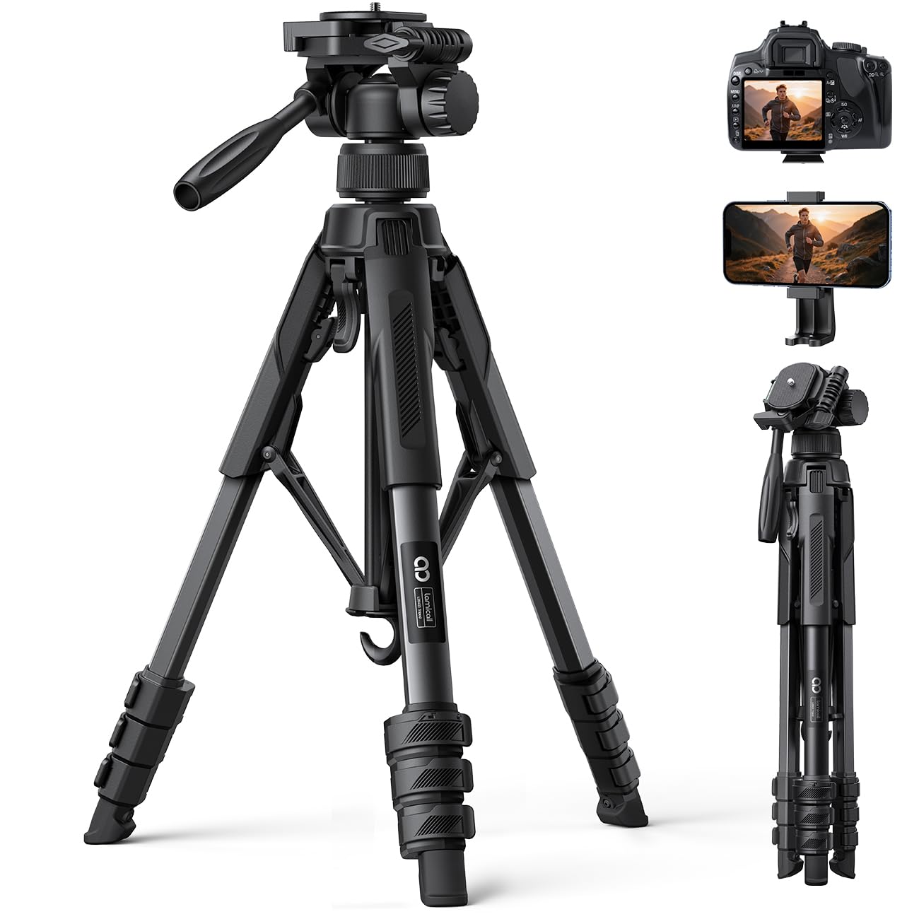【8kg耐荷重】カメラ 三脚 75°開脚 170cm高さ Lamicall：雲台 360°回転 撮影 tripod スタンド 伸縮 写真 スマホ ホルダー 自由 折り畳み 鋼鉄製 頑丈 固定 持ち運び 旅行 登山 便利 携帯 水準器 収納袋 一眼レフ ビデオ デジカメ キヤノン,ソニー,ニコン,iPhone 17 Air 16e 16 15 14 pro max android などに対応商品画像