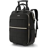 Rolling Puffer Backpack for Women, Travel Backpack with Wheels, 16 Inch Wheeled Laptop Backpck, Dual-Opening Design Overnight College Underseat Carry on Luggage, Roller Business Work Bag, Black