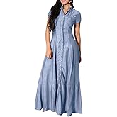 utcoco Womens Short Sleeve Denim Maxi Dress Casual Loose Fit Button Down Long Jean Dresses
