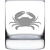 Bevvee Crab Whiskey Rocks Glass - Beach Themed Decor and Gifts for Ocean Lovers - Engraved Silhouette - 10.25 Oz Glasses