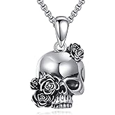 YAFEINI Skull Rose Necklace 925 Sterling Silver Gothic Skull Pendant Necklace Punk Rock Jewelry Gothic Gifts for Women Men