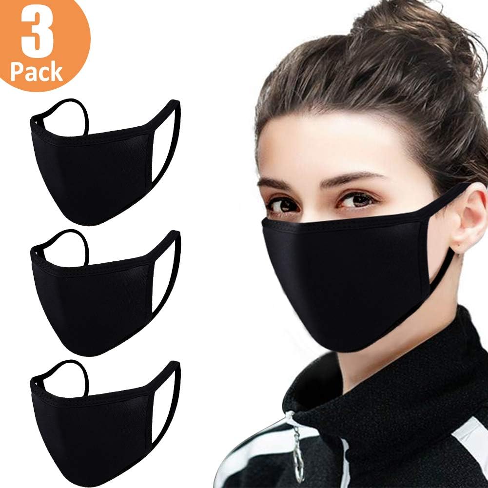 Cotton Mouth Mask, 3 Pack Dust Mask Anti Dust Pollution Mask, Washable Fashion PM2.5 Face Mask Windproof Reusable Dust Mask for Men Women in All Seasons with Stretchable Straps-Black