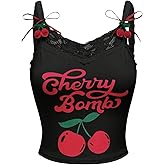 SHENHE Women's Lace Trim Cute Cherry Print Spaghetti Strap Kawaii Top Crop Cami Tank